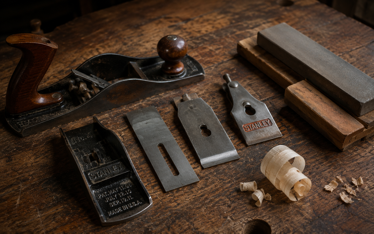 A Stanley No. 4 smoother disassembled on a workbench