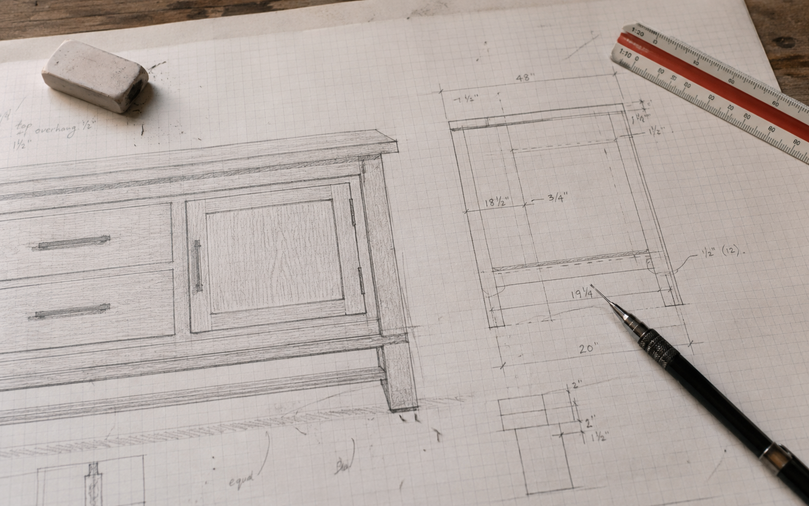 A pencil sketch of a side table, half-finished, on graph paper